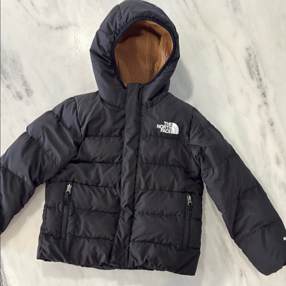 The North Face Black Hooded Jacket with Brown Lining size 6 kids